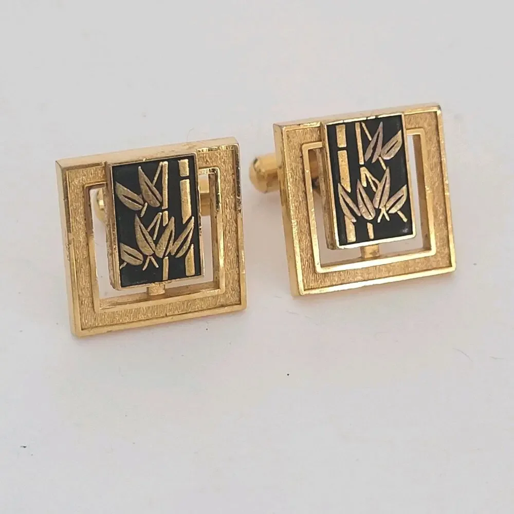 Japanese Damascene Gold Black Etched Painted Cufflinks Vintage Square‎